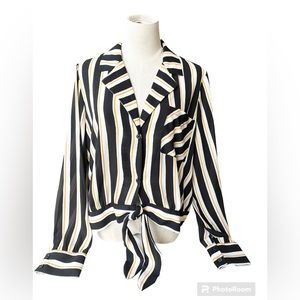 Who What Wear Striped Button-Up Tie Blouse